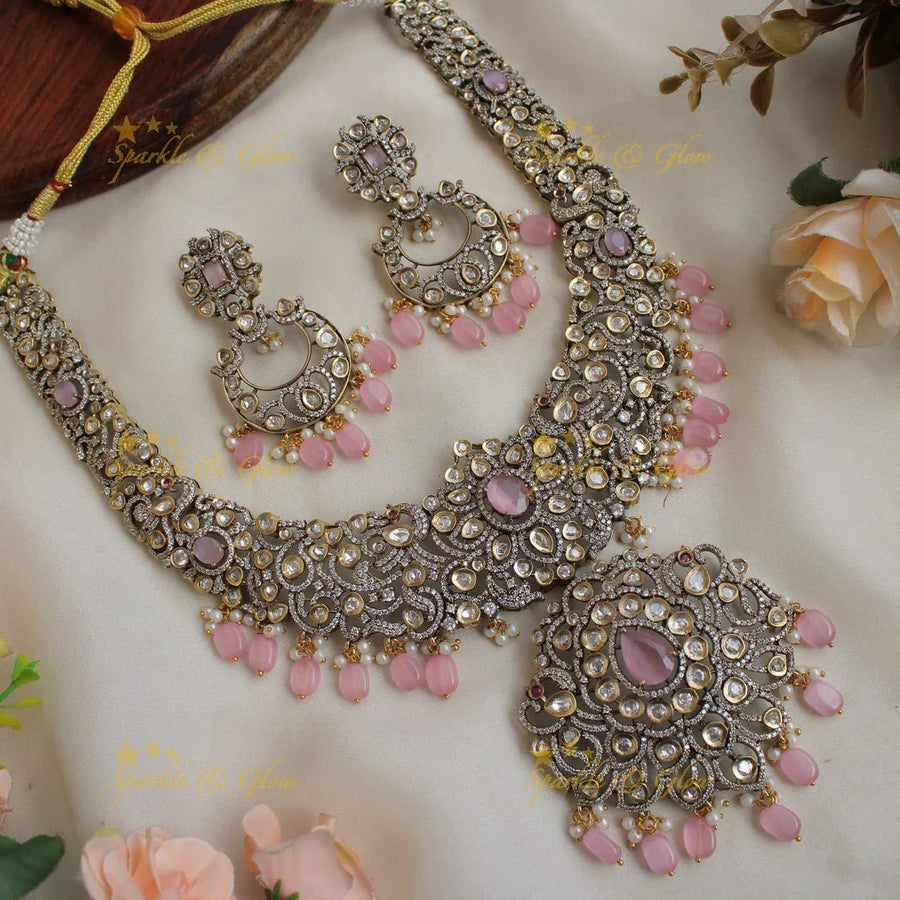 Grand Peacock floral design Victorian AD long necklace with baby pink beads and stones - Sparkle and Glow