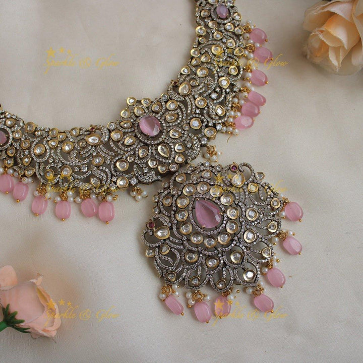Grand Peacock floral design Victorian AD long necklace with baby pink beads and stones - Sparkle and Glow