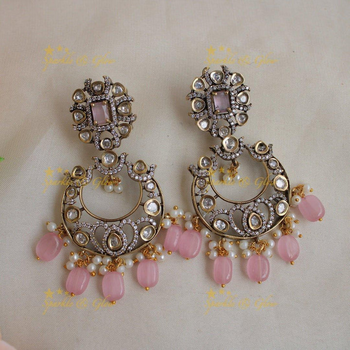 Grand Peacock floral design Victorian AD long necklace with baby pink beads and stones - Sparkle and Glow