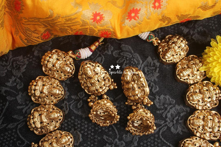Premium quality gold alike polished lakshmi necklace with gold drops - Sparkle and Glow