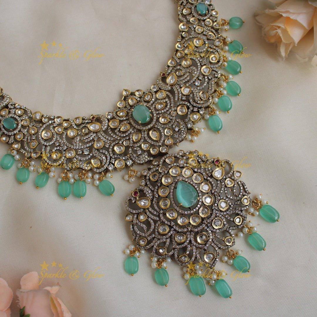 Grand Peacock floral design Victorian AD long necklace with baby pink beads and stones - Sparkle and Glow