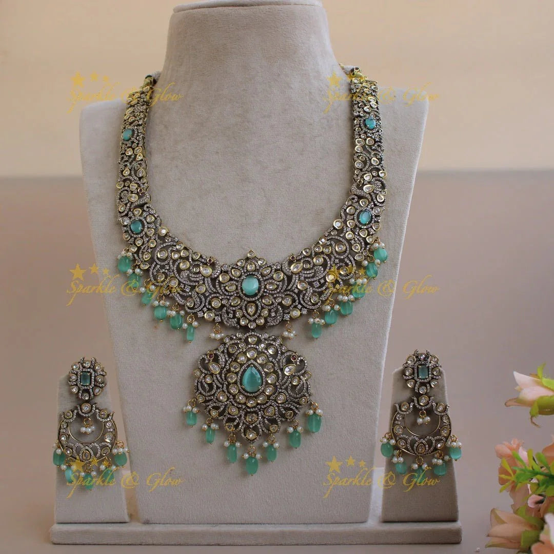 Grand Peacock floral design Victorian AD long necklace with baby pink beads and stones - Sparkle and Glow