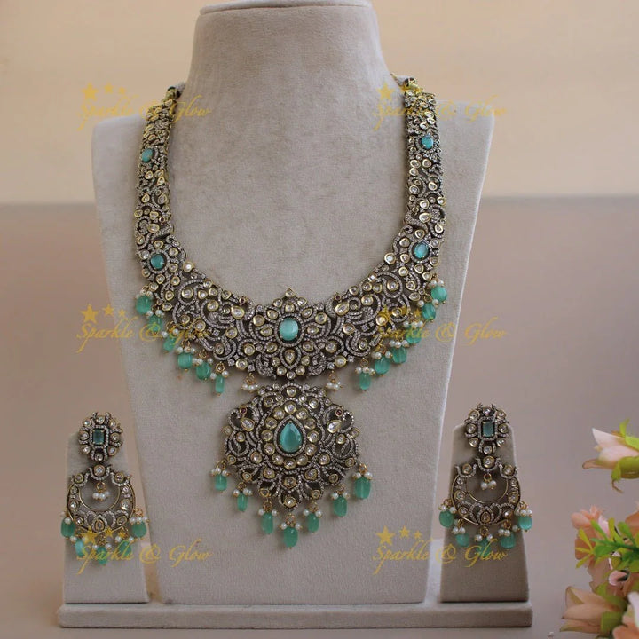 Grand Peacock floral design Victorian AD long necklace with baby pink beads and stones - Sparkle and Glow