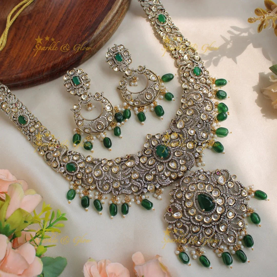 Grand Peacock floral design Victorian AD long necklace with baby pink beads and stones - Sparkle and Glow