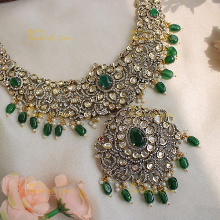 Grand Peacock floral design Victorian AD long necklace with baby pink beads and stones - Sparkle and Glow