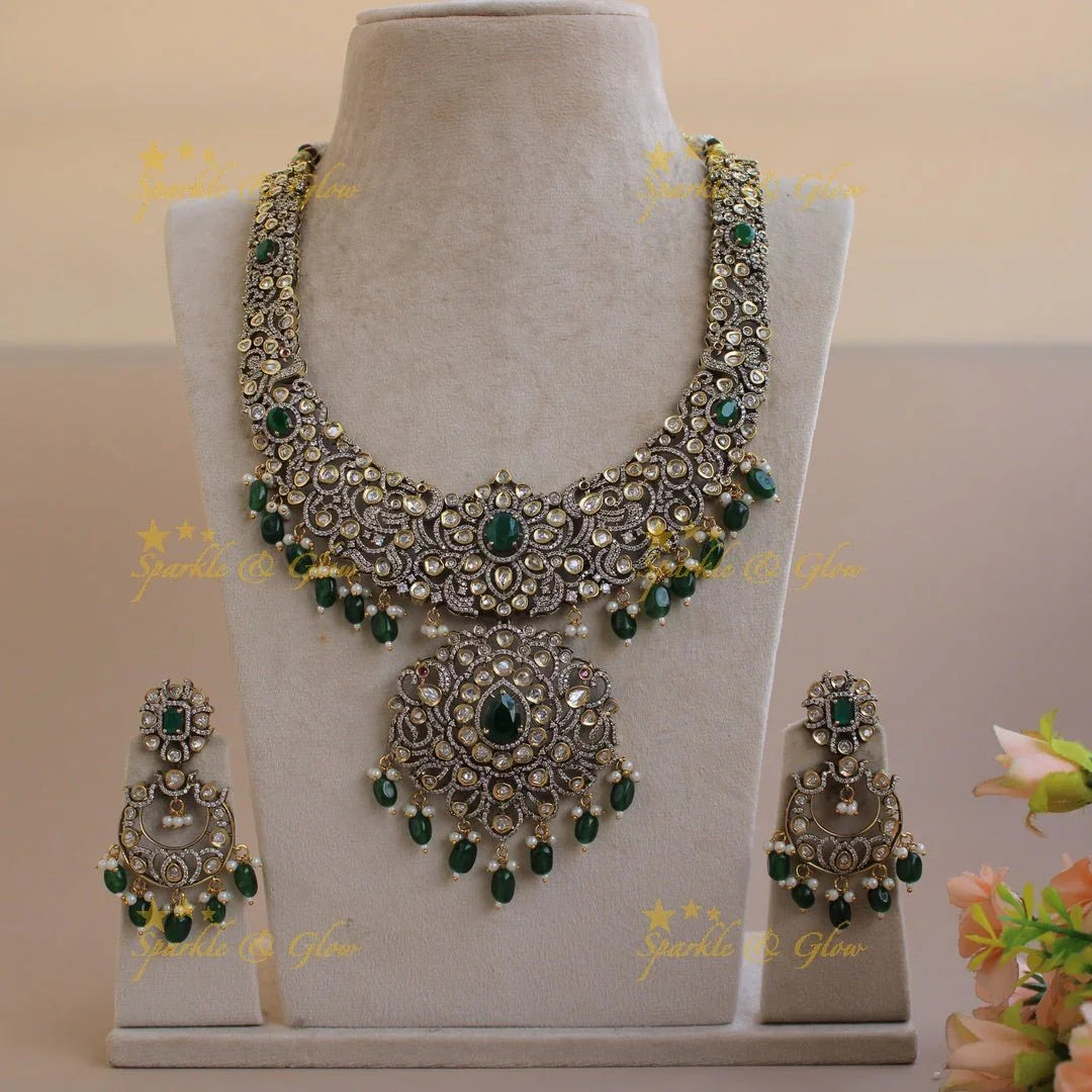 Grand Peacock floral design Victorian AD long necklace with baby pink beads and stones - Sparkle and Glow