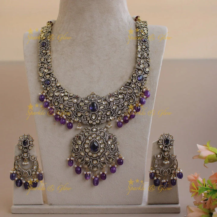 Grand Peacock floral design Victorian AD long necklace with baby pink beads and stones - Sparkle and Glow