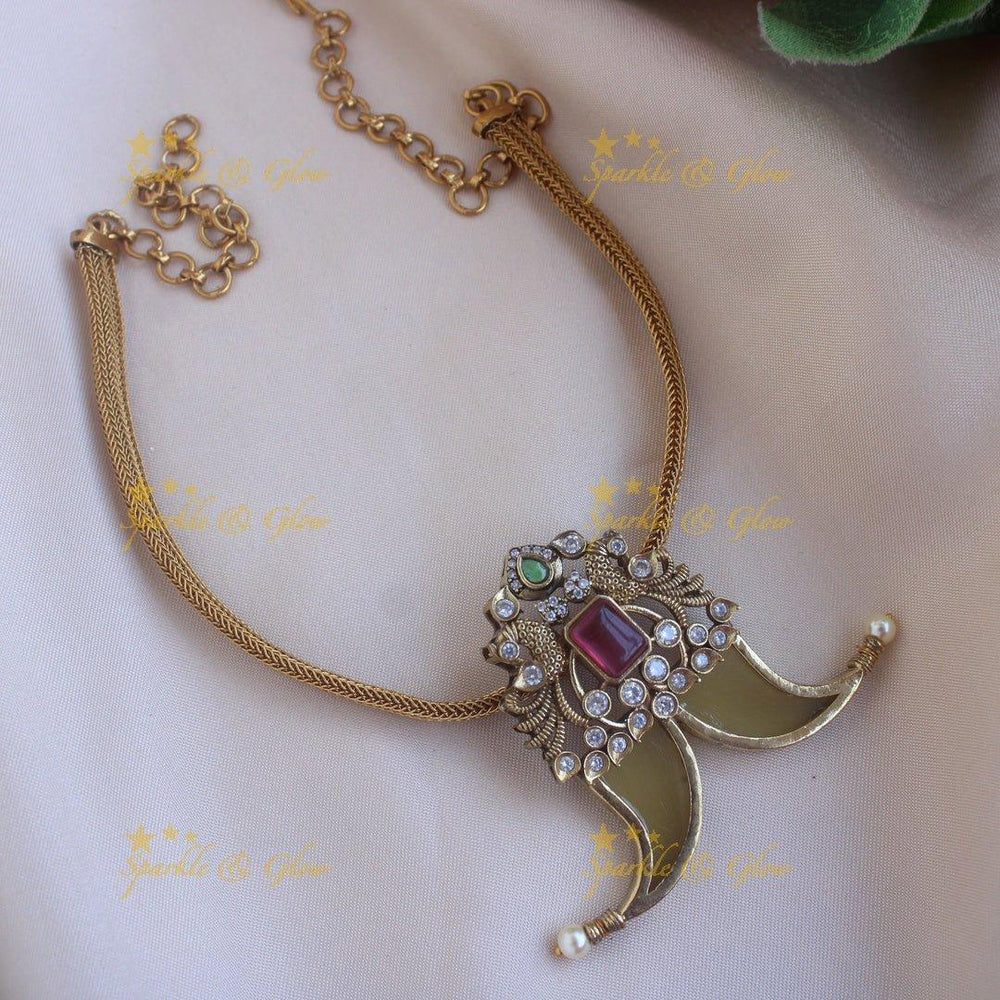 Traditional Peacock Design Puliguru Pendant choker- Ruby - Sparkle and Glow