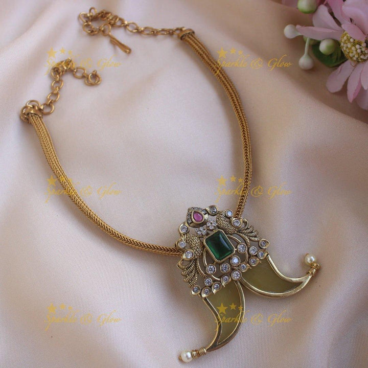 Traditional Peacock Design Puliguru Pendant choker- Ruby - Sparkle and Glow
