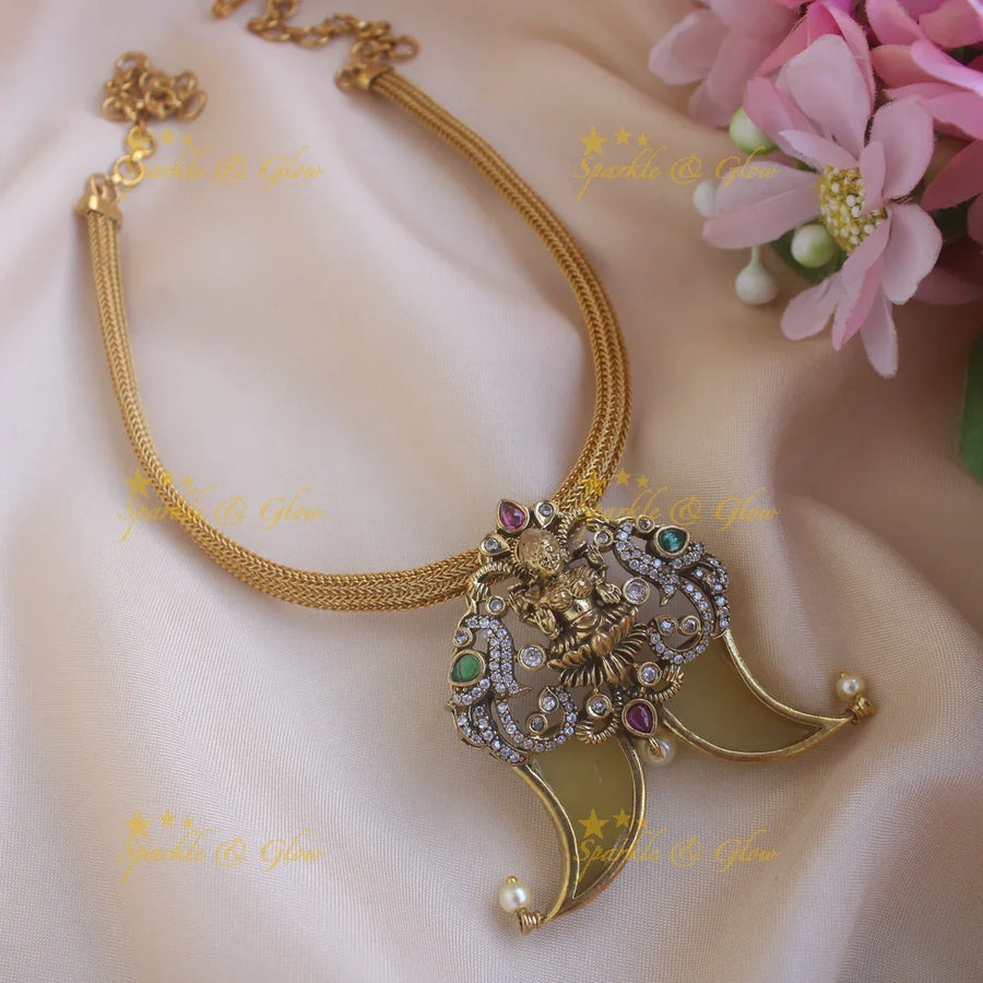Traditional Idol Lakshmi Peacock Carved Puliguru Pendant choker - Sparkle and Glow