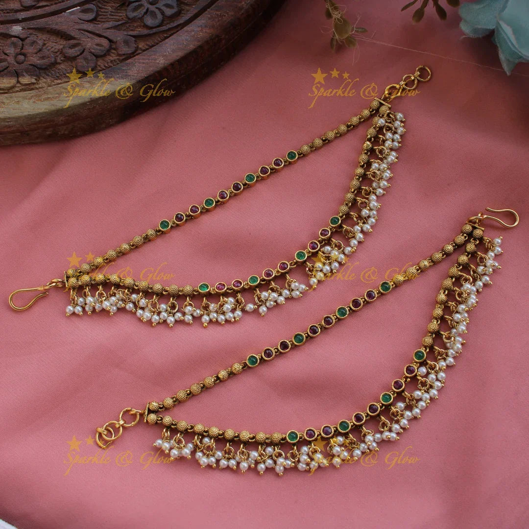 Gold alike Simple elegant small ball design with Green Red stone earchain with gold beads - Sparkle and Glow