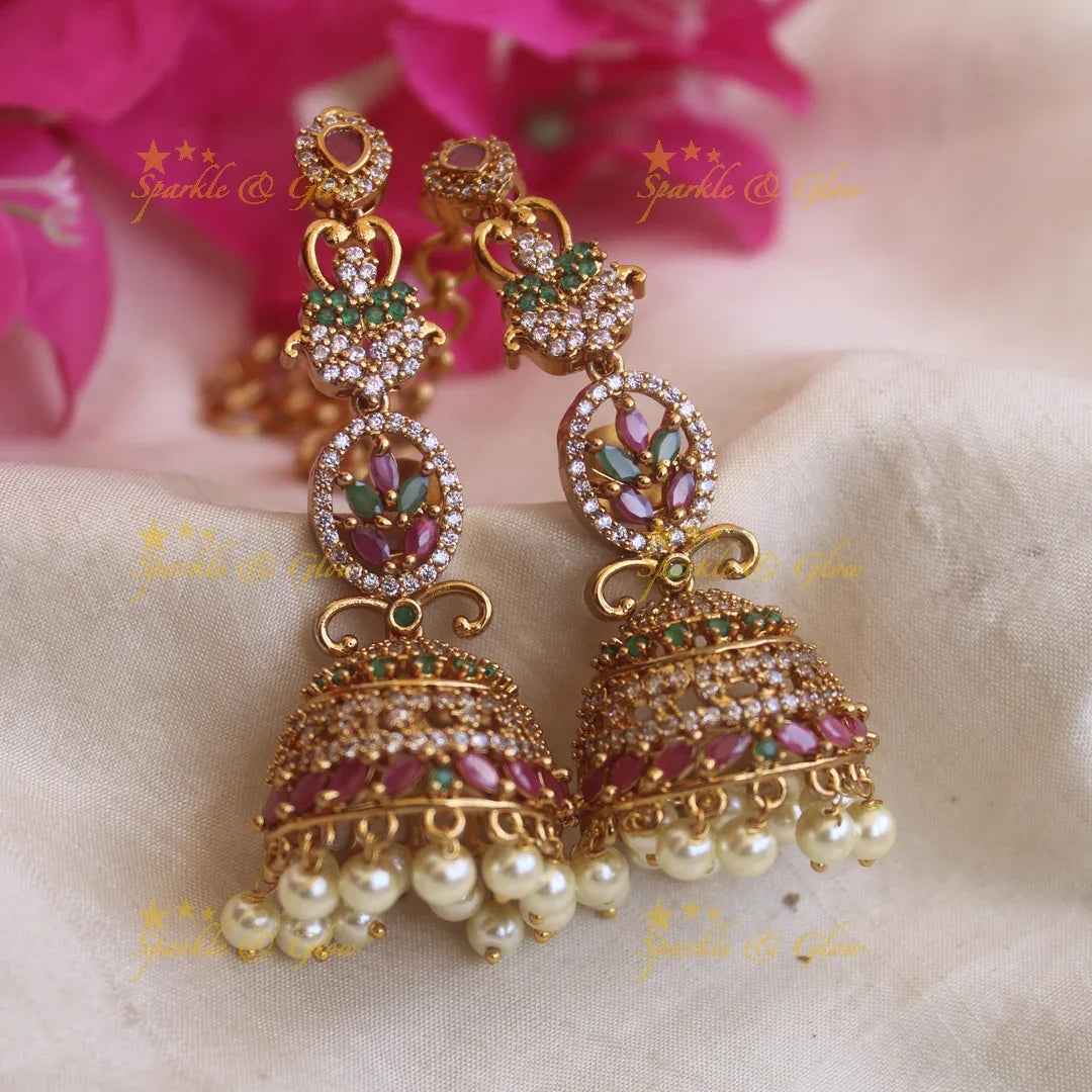 Elegant Floral design AD stone Jhumkas with Earchain earrings - Sparkle and Glow