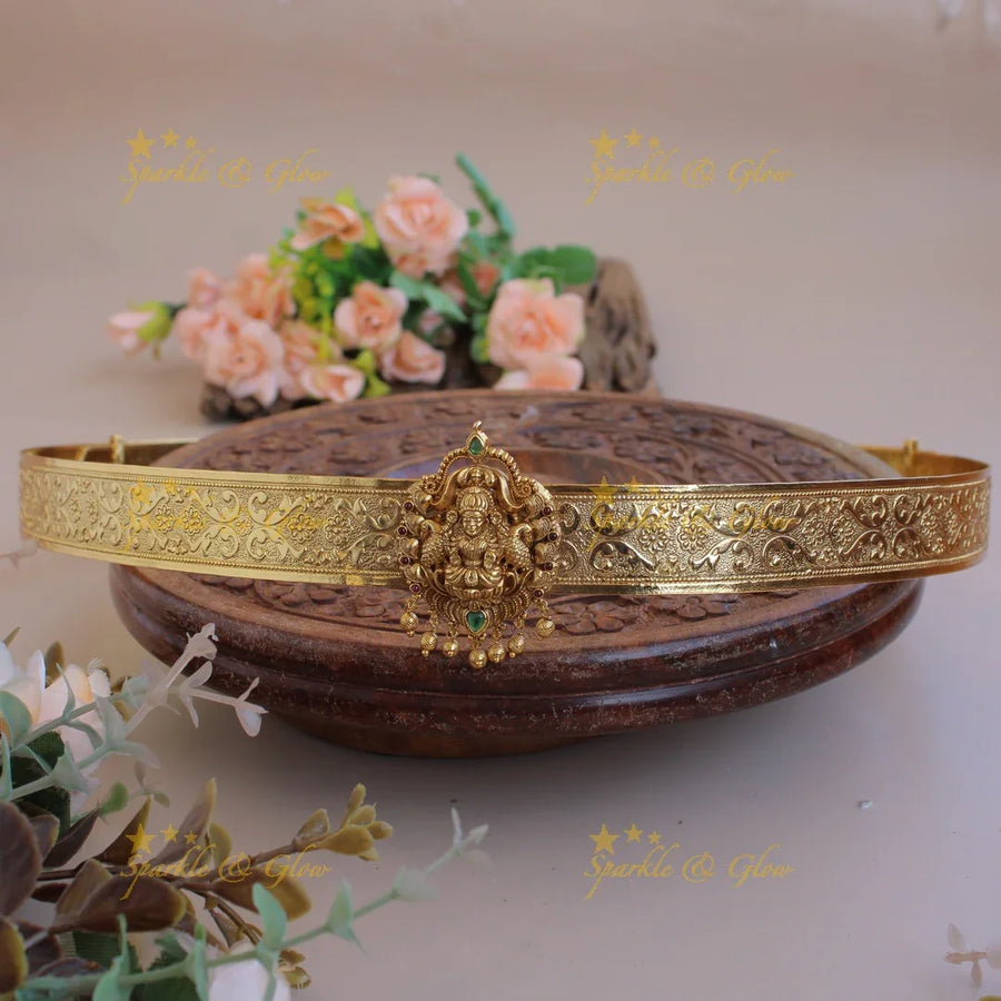 Elegant Lakshmi peacock carved pendant style hipbelt with gold beads - Sparkle and Glow
