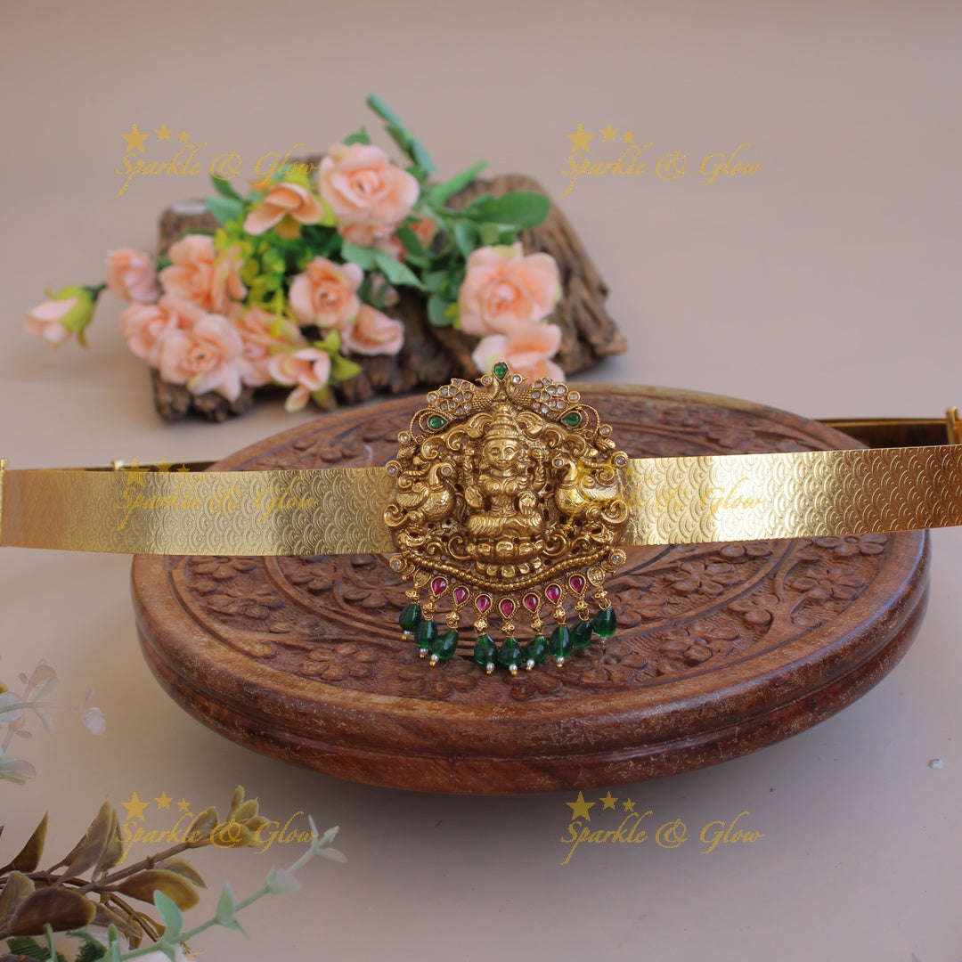 Beautiful Lakshmi peacock carved pendant style hipbelt with stones and green beads