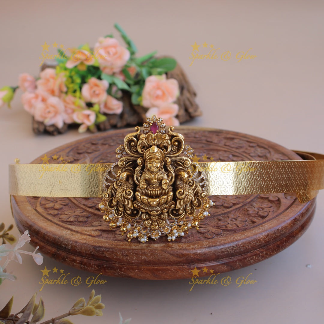 Stunning Lakshmi peacock carved pendant style hipbelt with CZ stones and gold beads