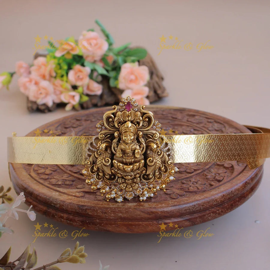 Stunning Lakshmi peacock carved pendant style hipbelt with CZ stones and gold beads - Sparkle and Glow