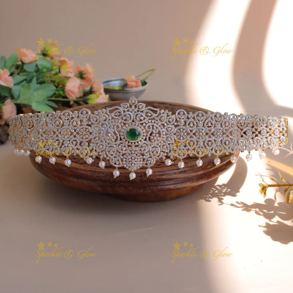 Sparkling Floral leaf design american diamond hipbelt with emerald and pearl drops - Sparkle and Glow
