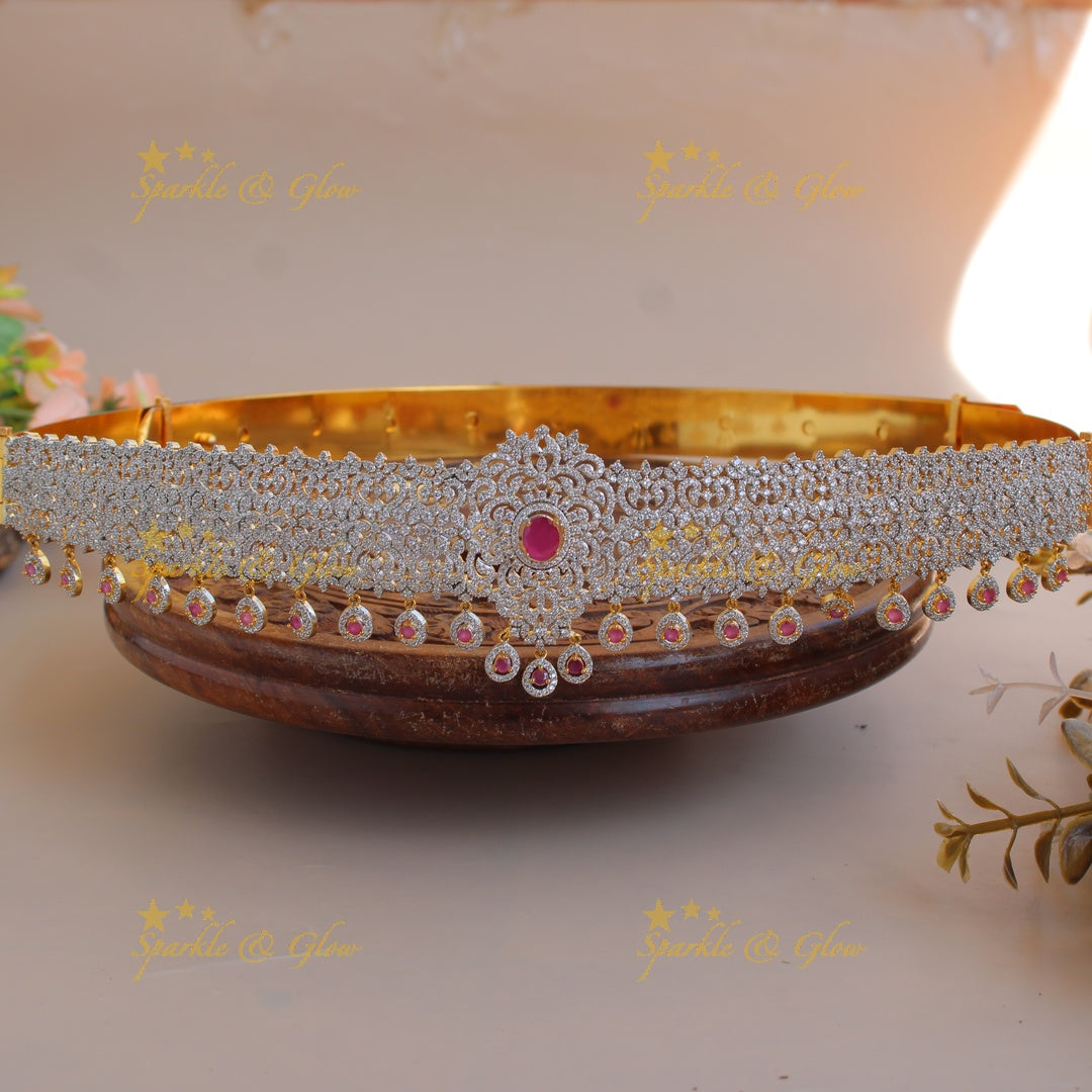 Beautiful Floral design american diamond hipbelt with ruby and water drops