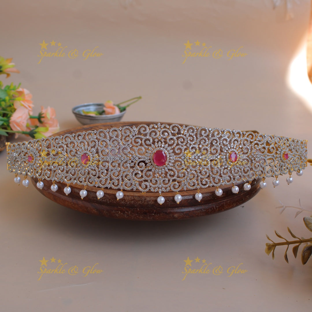 Statement Floral branch design american diamond hipbelt with ruby and pearl drops