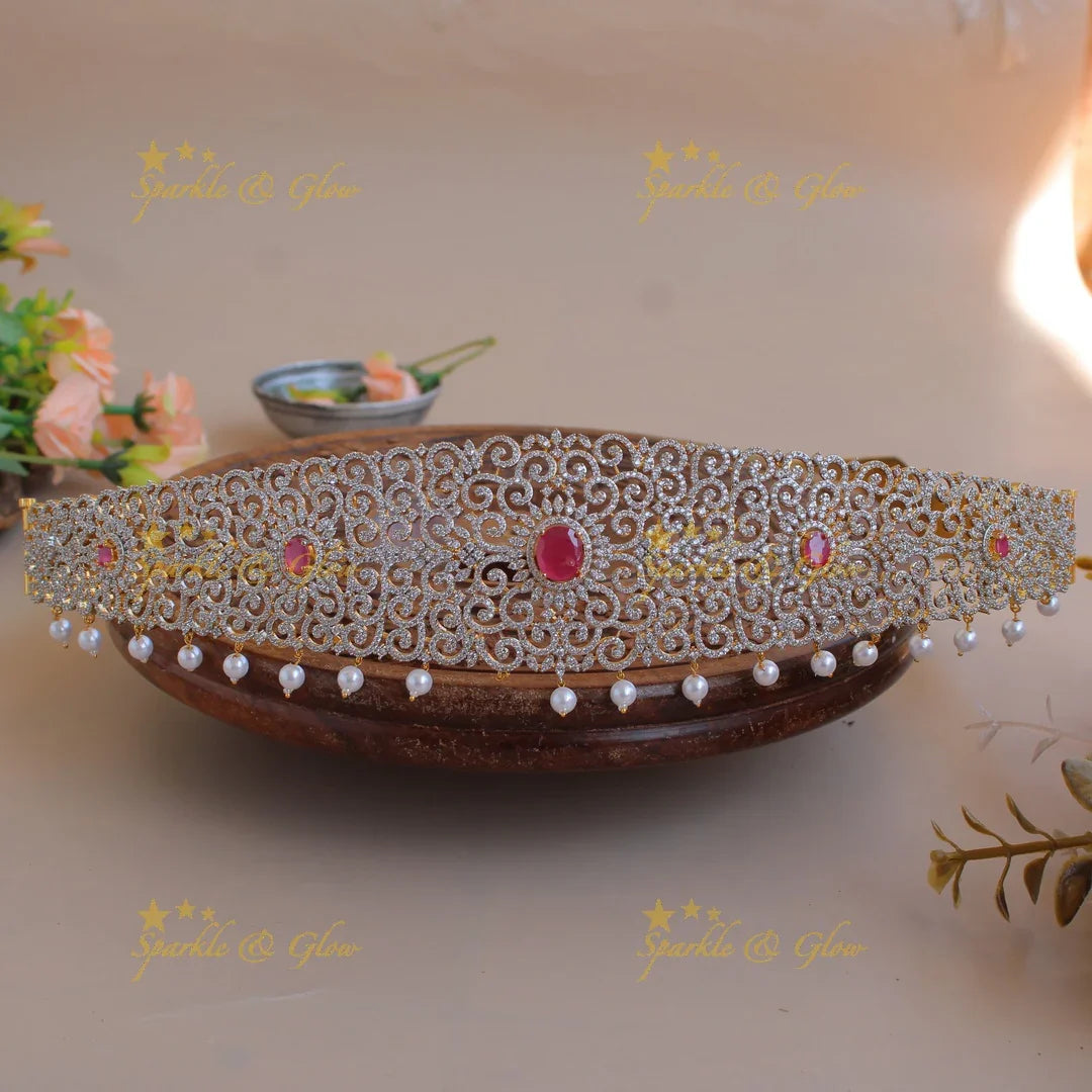 Statement Floral branch design american diamond hipbelt with ruby and pearl drops - Sparkle and Glow