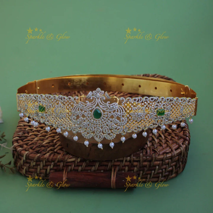 Gorgeous Peacock Floral design american diamond hipbelt with emerald and pearl drops - Sparkle and Glow