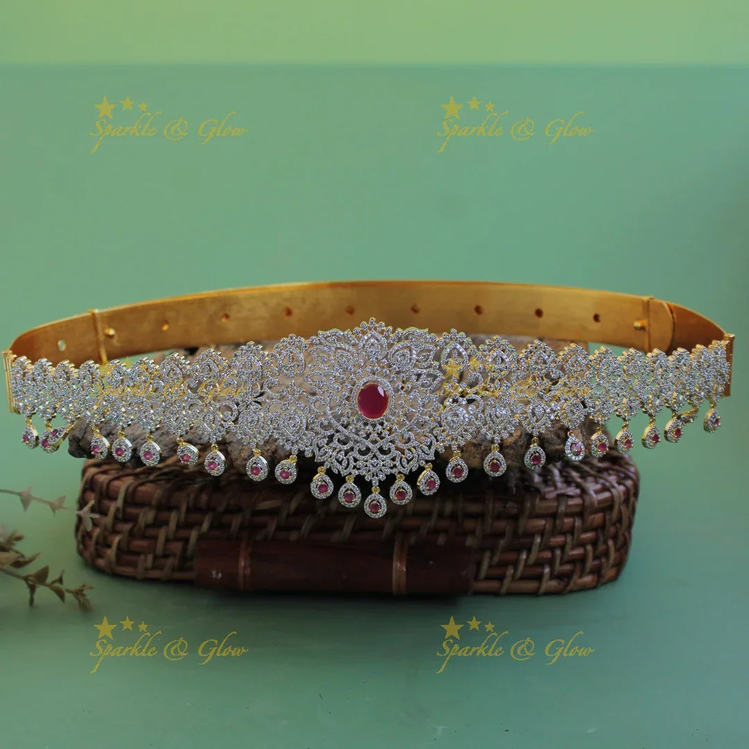 Grand Floral leaf design american diamond hipbelt with emerald and water drops - Sparkle and Glow