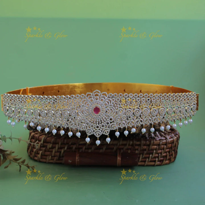 Statement Floral unique design american diamond hipbelt with ruby and pearl drops - Sparkle and Glow