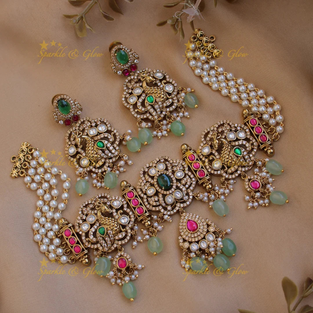Beautiful Peacock floral design Victorian AD choker with multi layer pearl chain and mint green beads - Sparkle and Glow
