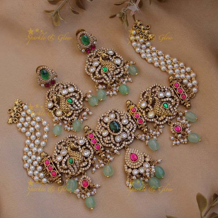 Beautiful Peacock floral design Victorian AD choker with multi layer pearl chain and mint green beads - Sparkle and Glow