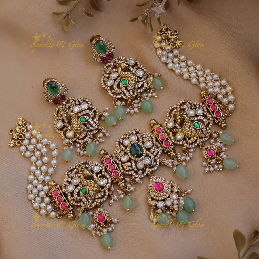 Beautiful Peacock floral design Victorian AD choker with multi layer pearl chain and mint green beads - Sparkle and Glow