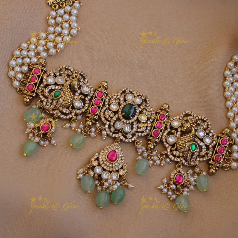 Beautiful Peacock floral design Victorian AD choker with multi layer pearl chain and mint green beads - Sparkle and Glow