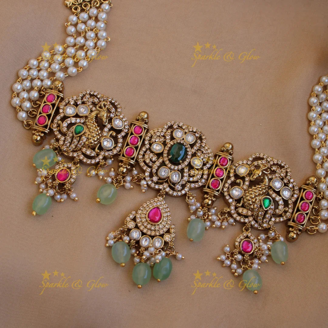 Beautiful Peacock floral design Victorian AD choker with multi layer pearl chain and mint green beads - Sparkle and Glow