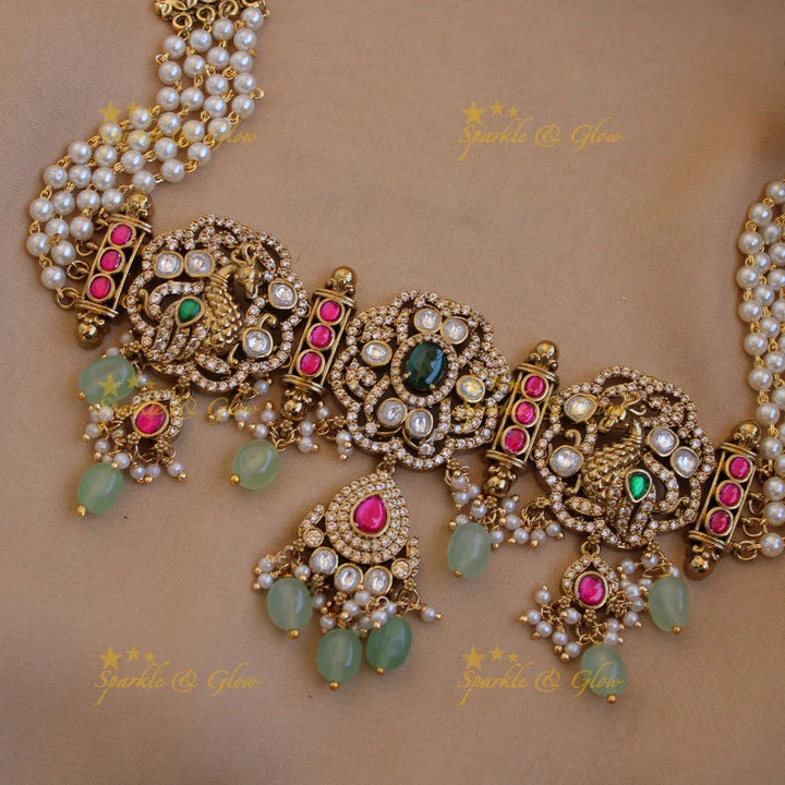 Beautiful Peacock floral design Victorian AD choker with multi layer pearl chain and mint green beads - Sparkle and Glow