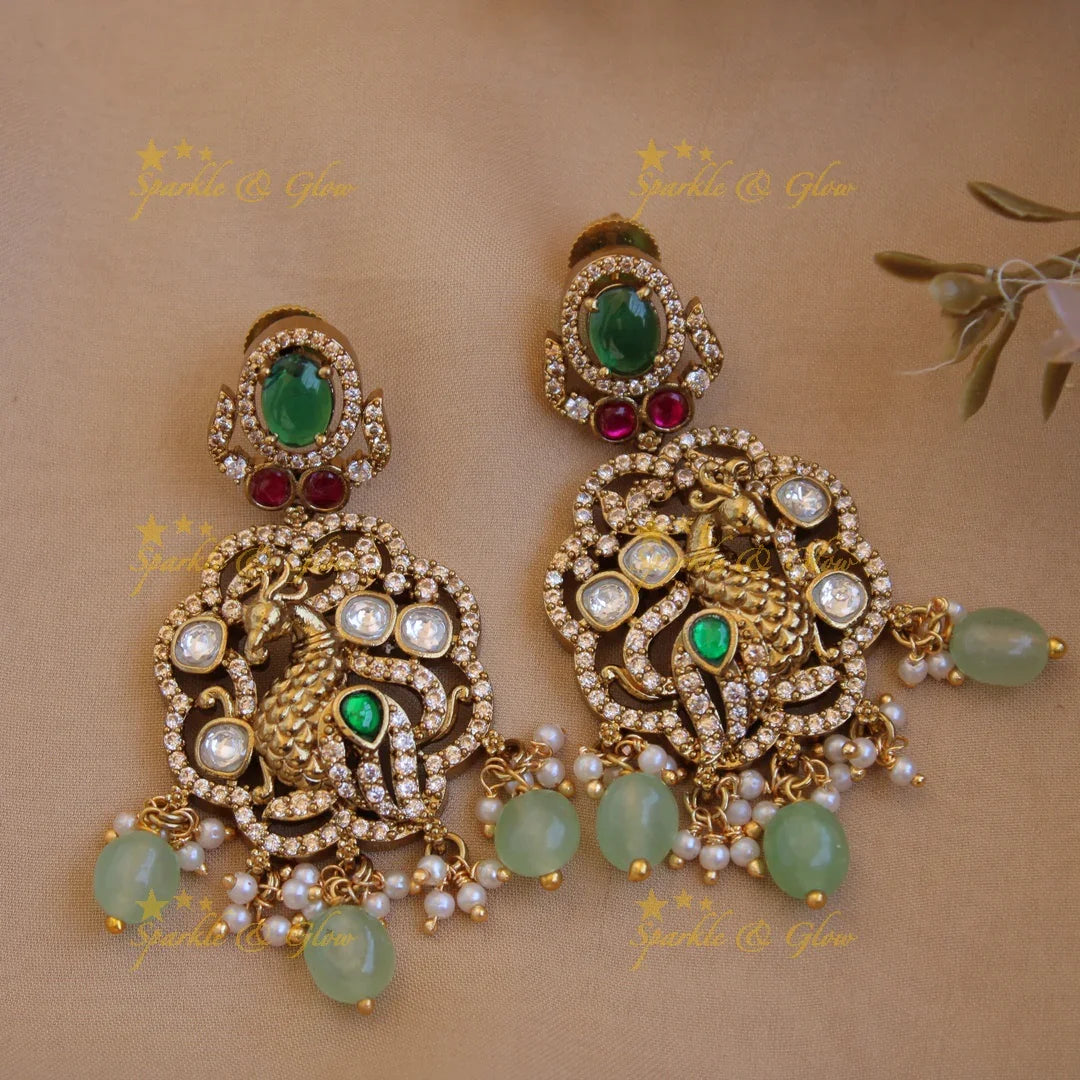 Beautiful Peacock floral design Victorian AD choker with multi layer pearl chain and mint green beads - Sparkle and Glow