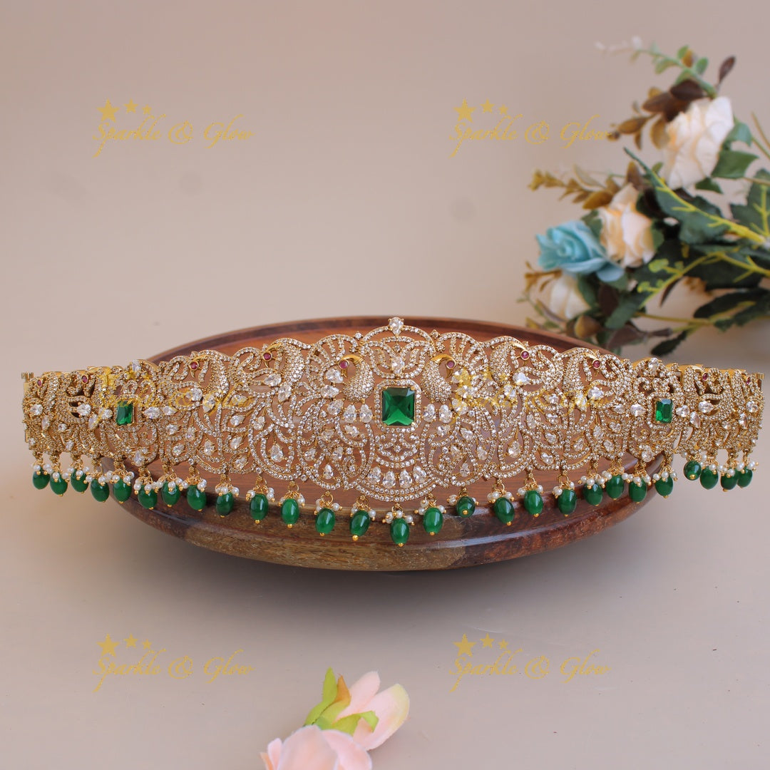 Beautiful Peacock design gold finish victorian ad hipbelt with green beads and stones
