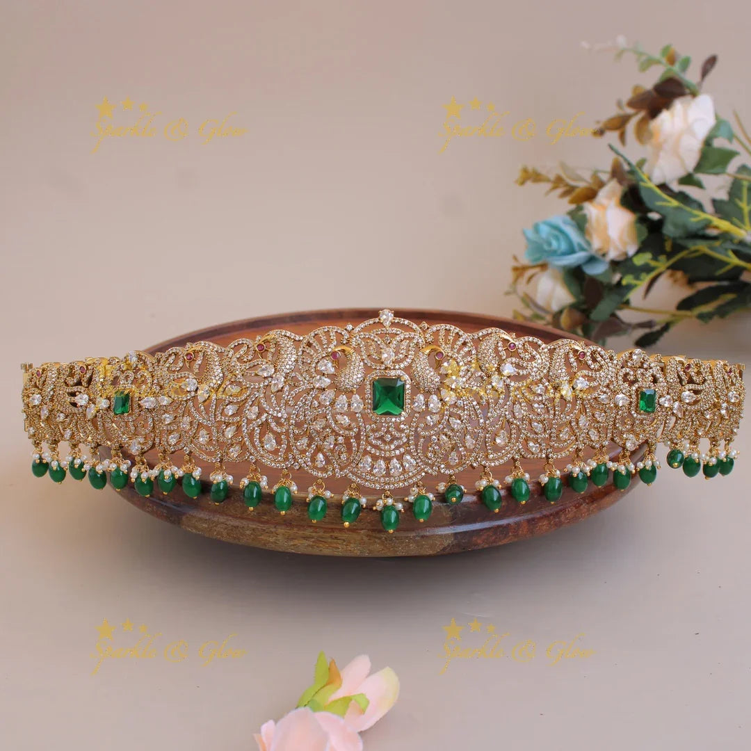 Beautiful Peacock design gold finish victorian ad hipbelt with green beads and stones - Sparkle and Glow