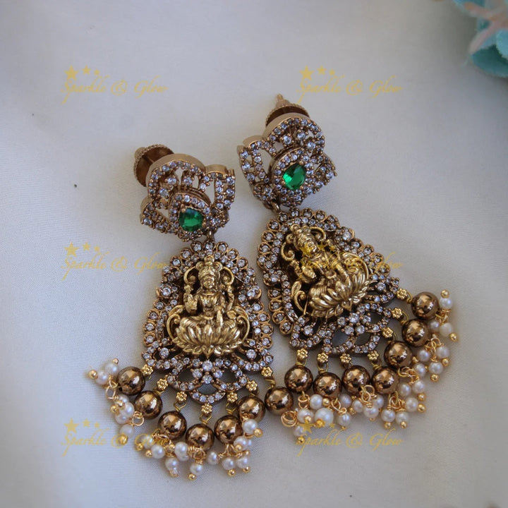 Gorgeous Lakshmi peacock floral design dual tone victorian AD short necklace with pearls and green beads - Sparkle and Glow