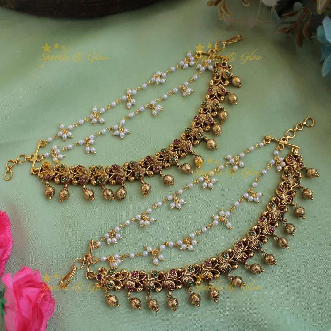 Elegant Gold alike AD Stone leaf design earchain with gold beads - Sparkle and Glow