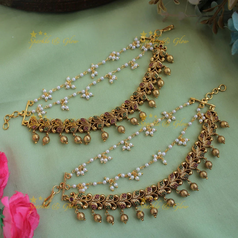 Elegant Gold alike AD Stone leaf design earchain with gold beads - Sparkle and Glow