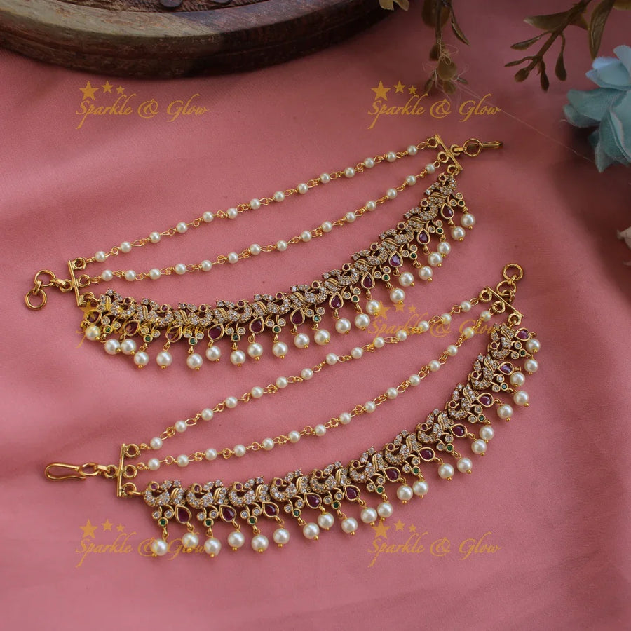 Beautiful Gold alike AD stone Peacock earchain with pearl beads - Sparkle and Glow