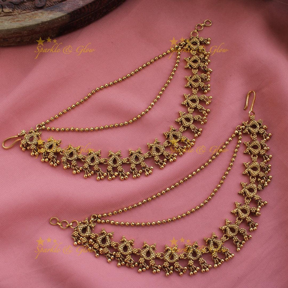 Beautiful Gold alike Peacock earchain with gold beads - Sparkle and Glow