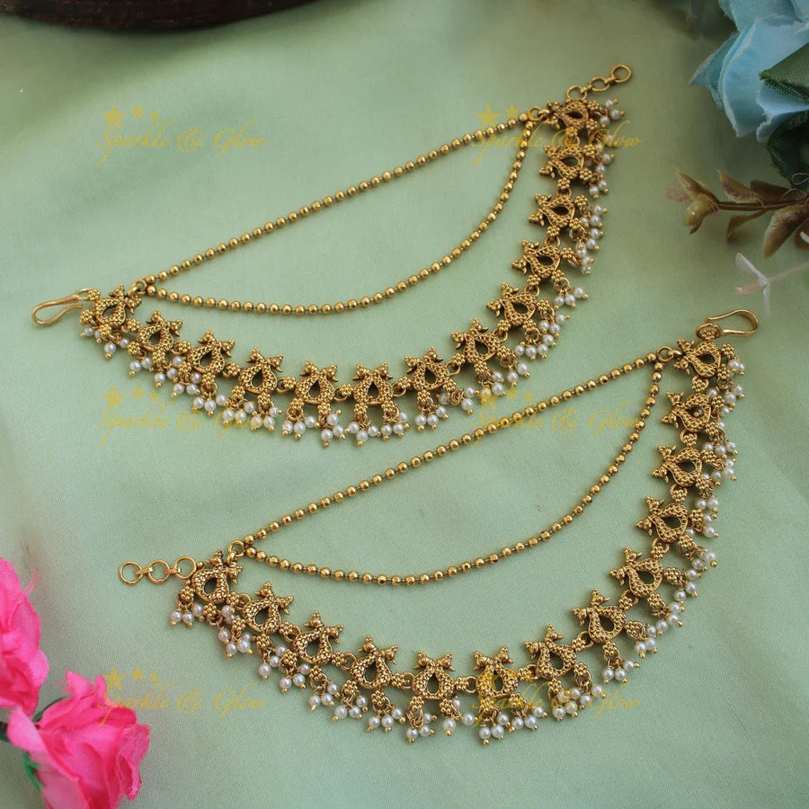 Beautiful Gold alike Peacock earchain with gold beads - Sparkle and Glow