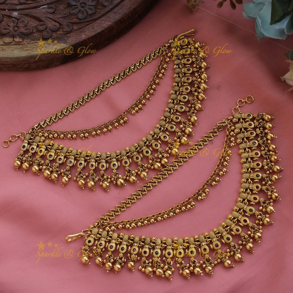 Elegant Gold alike floral design earchain with gold beads - Sparkle and Glow