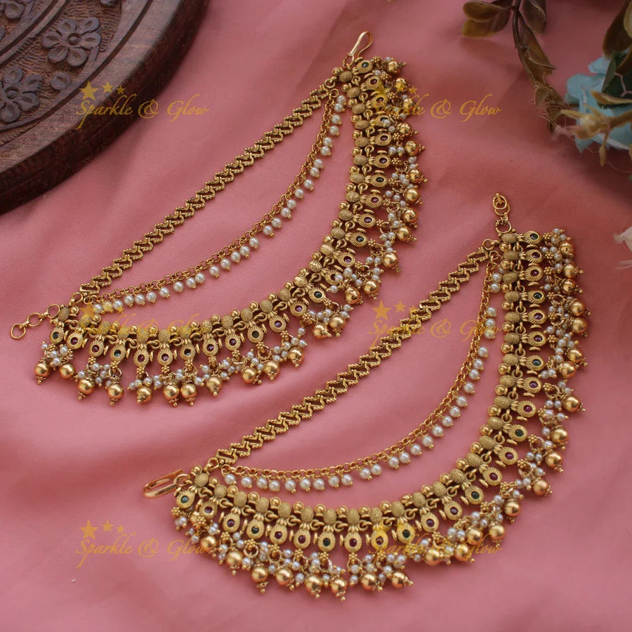 Elegant Gold alike floral design earchain with gold beads - Sparkle and Glow