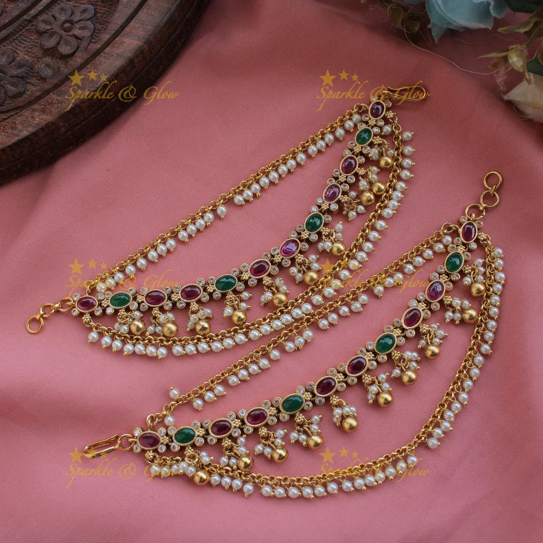 Gorgeous Gold alike Multi colour kemp stone earchain with pearl beads - Sparkle and Glow