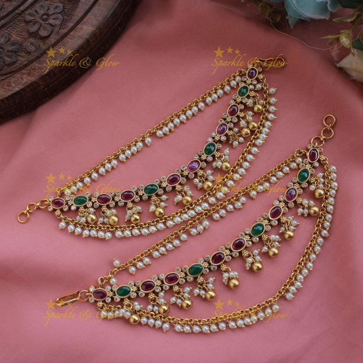 Gorgeous Gold alike Multi colour kemp stone earchain with pearl beads - Sparkle and Glow