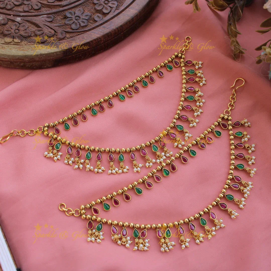 Beautiful Gold alike Multi colour kemp stone earchain with pearl beads - Sparkle and Glow