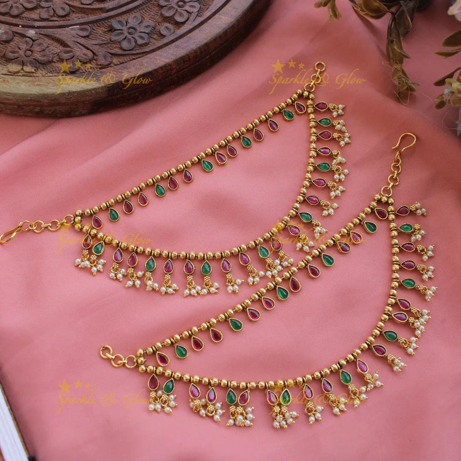 Beautiful Gold alike Multi colour kemp stone earchain with pearl beads - Sparkle and Glow