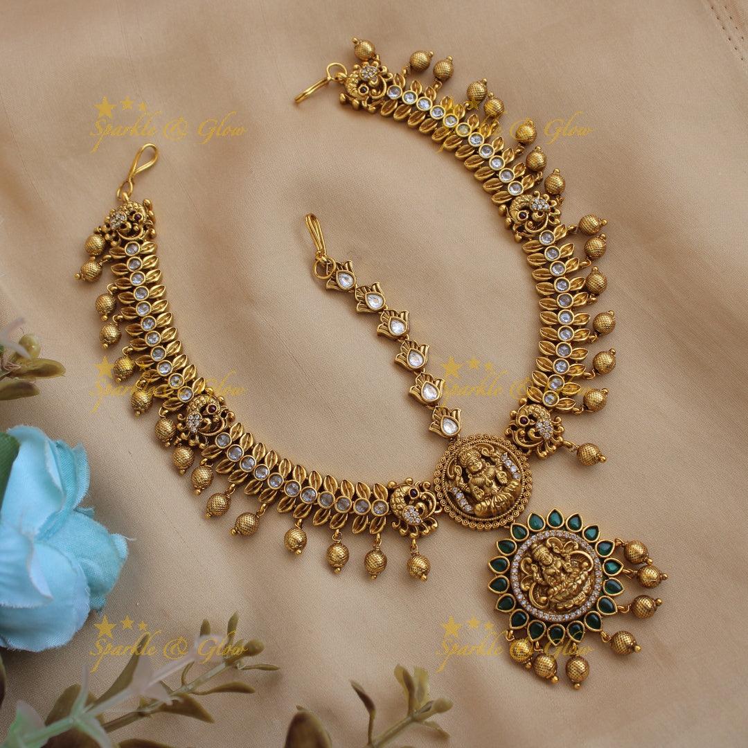 Stunning gold alike lakshmi bridal maang tikka with gold beads - Sparkle and Glow