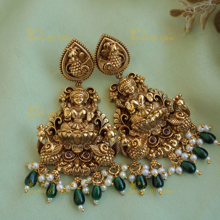 Exquisite gold alike Lakshmi peacock carved short necklace with pearls and green beads - Sparkle and Glow
